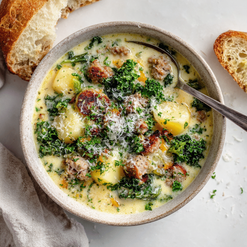 A bowl of hearty sausage potato soup topped with parsley and grated cheese, perfect for autumn gatherings.