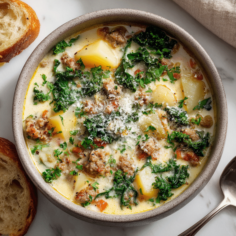 A bowl of hearty sausage potato soup topped with parsley and grated cheese, perfect for autumn gatherings.