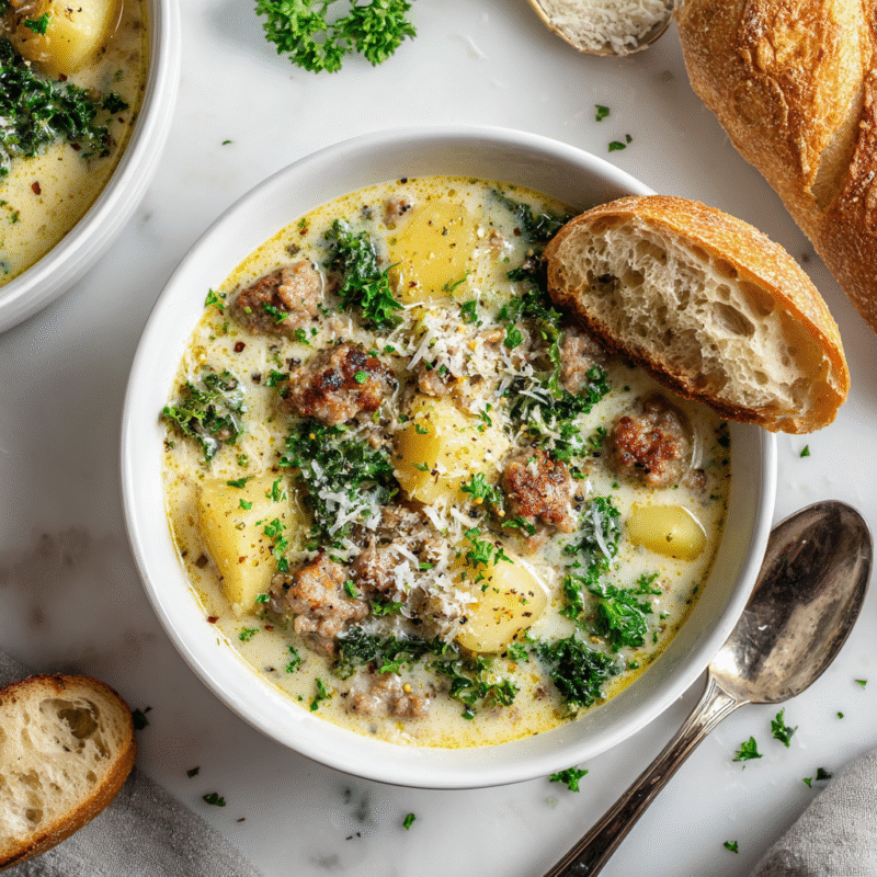 A bowl of hearty sausage potato soup topped with parsley and grated cheese, perfect for autumn gatherings.