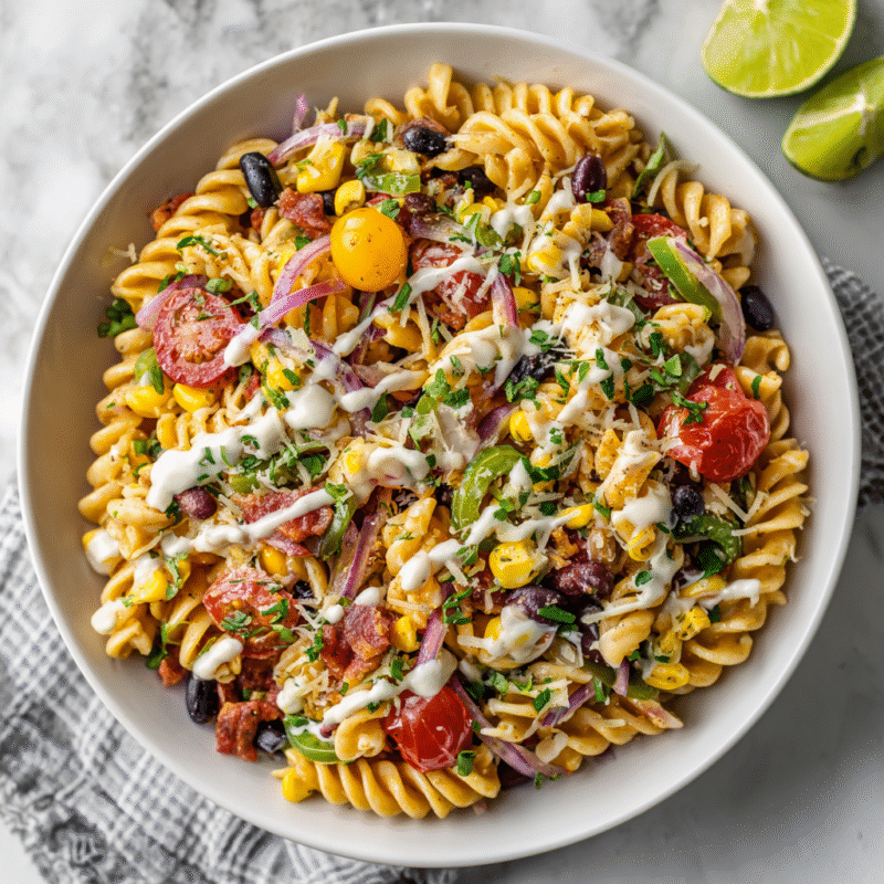 A colorful Cowboy Pasta Salad with rotini, black beans, corn, and ranch dressing, perfect for holiday gatherings and potlucks.
