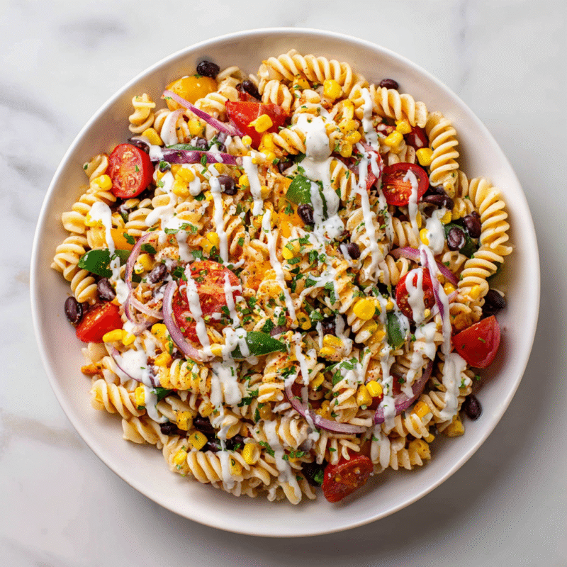A colorful Cowboy Pasta Salad with rotini, black beans, corn, and ranch dressing, perfect for holiday gatherings and potlucks.