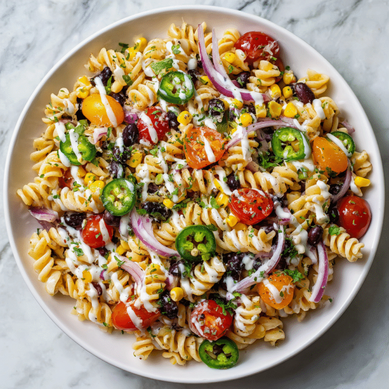 A colorful Cowboy Pasta Salad with rotini, black beans, corn, and ranch dressing, perfect for holiday gatherings and potlucks.