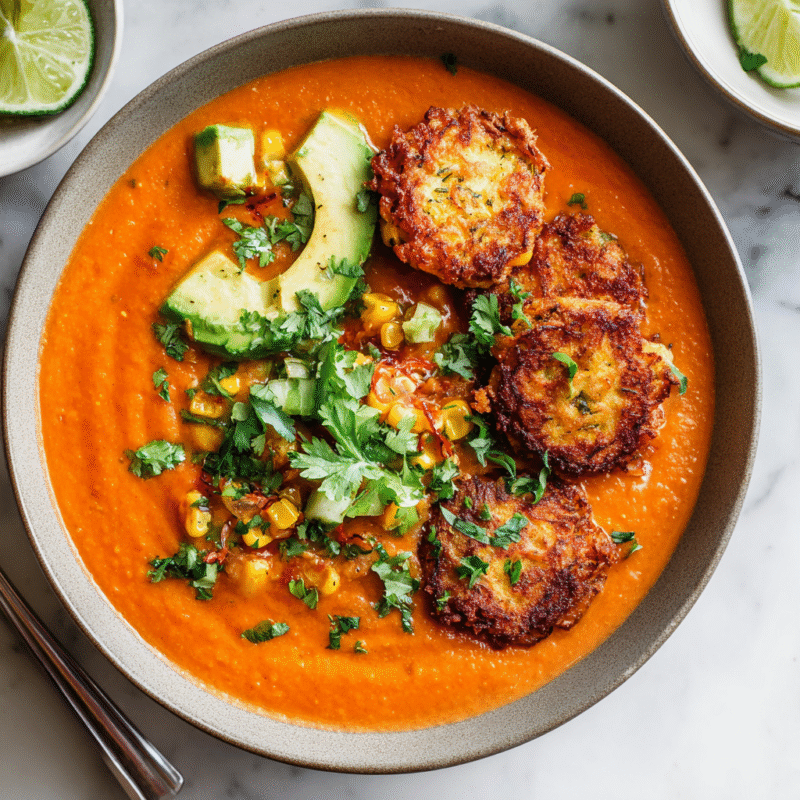 A comforting bowl of Sopa Tarasca topped with diced avocado, served with crispy jalapeño corn fritters on the side, perfect for fall gatherings.