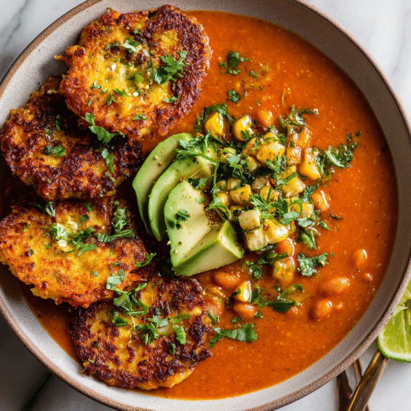 A comforting bowl of Sopa Tarasca topped with diced avocado, served with crispy jalapeño corn fritters on the side, perfect for fall gatherings.