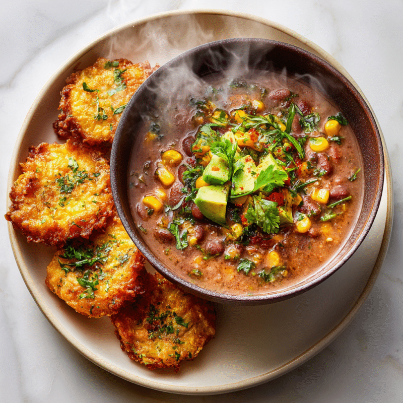 A comforting bowl of Sopa Tarasca topped with diced avocado, served with crispy jalapeño corn fritters on the side, perfect for fall gatherings.