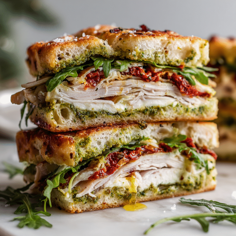 A delicious Sun-Dried Tomato Focaccia Turkey Sandwich, featuring roasted turkey, fresh mozzarella, pesto, and arugula, perfect for fall.