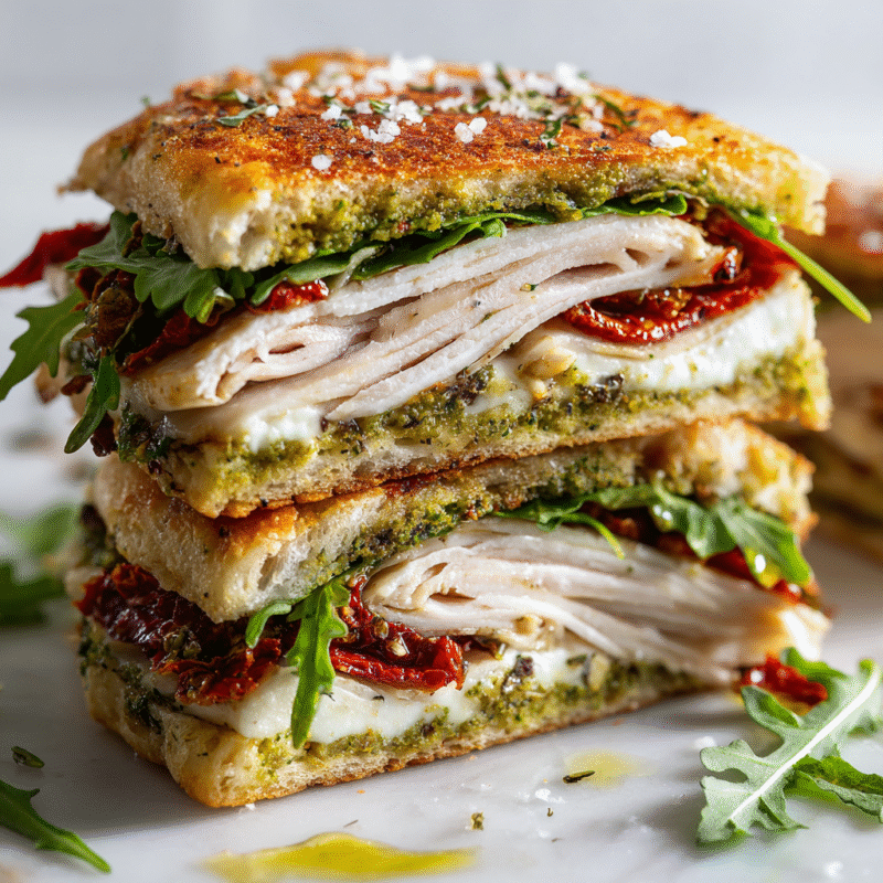 A delicious Sun-Dried Tomato Focaccia Turkey Sandwich, featuring roasted turkey, fresh mozzarella, pesto, and arugula, perfect for fall.