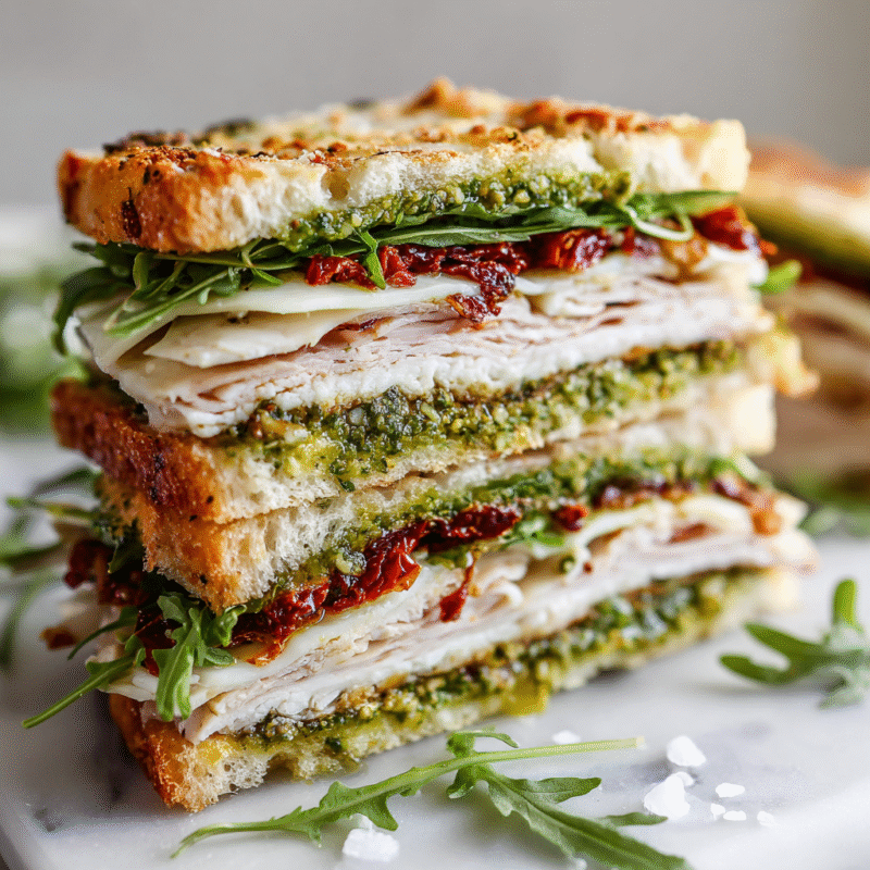 A delicious Sun-Dried Tomato Focaccia Turkey Sandwich, featuring roasted turkey, fresh mozzarella, pesto, and arugula, perfect for fall.