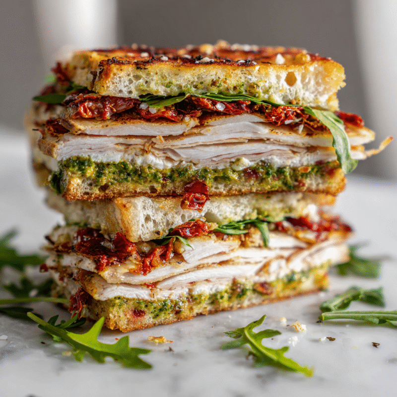 A delicious Sun-Dried Tomato Focaccia Turkey Sandwich, featuring roasted turkey, fresh mozzarella, pesto, and arugula, perfect for fall.
