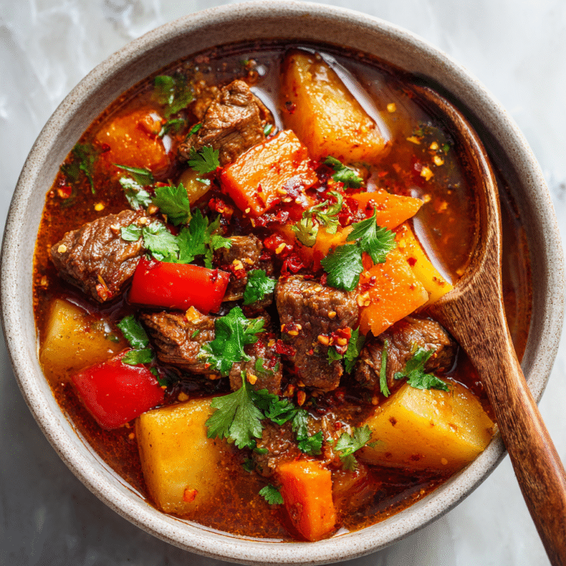 A hearty Texas Cowboy Stew loaded with ground beef, fresh veggies, and spices, perfect for autumn dinners and family gatherings.