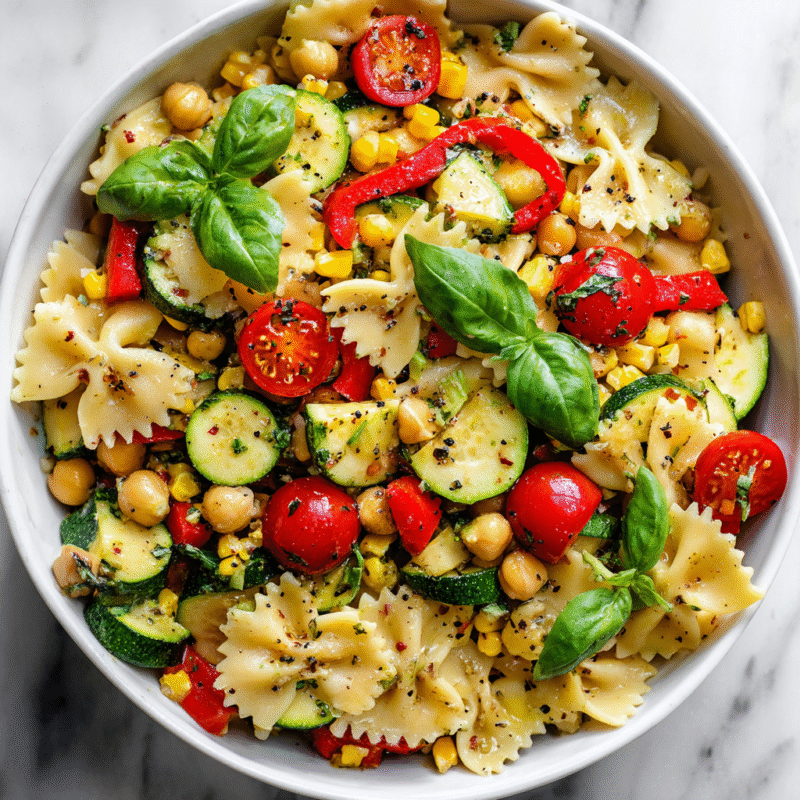 A vibrant summer pasta salad with roasted veggies and lemon vinaigrette, perfect for outdoor gatherings and picnics.