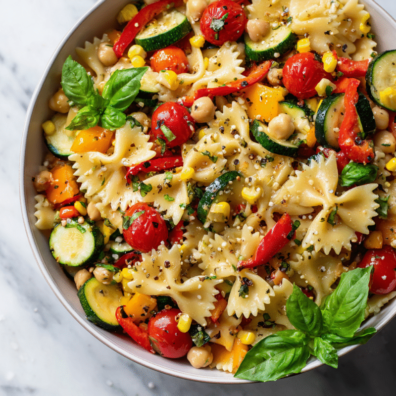 A vibrant summer pasta salad with roasted veggies and lemon vinaigrette, perfect for outdoor gatherings and picnics.