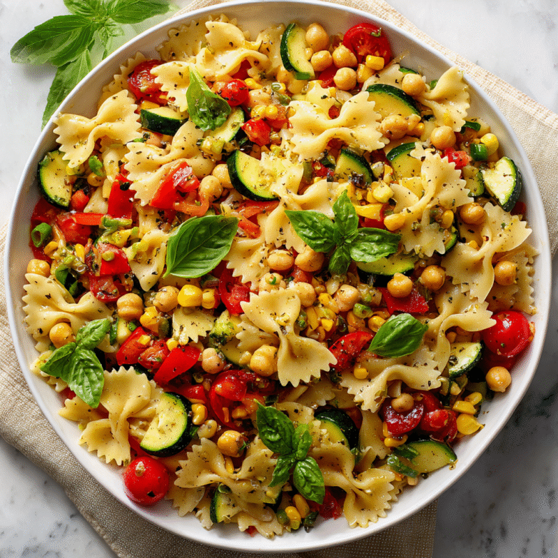A vibrant summer pasta salad with roasted veggies and lemon vinaigrette, perfect for outdoor gatherings and picnics.