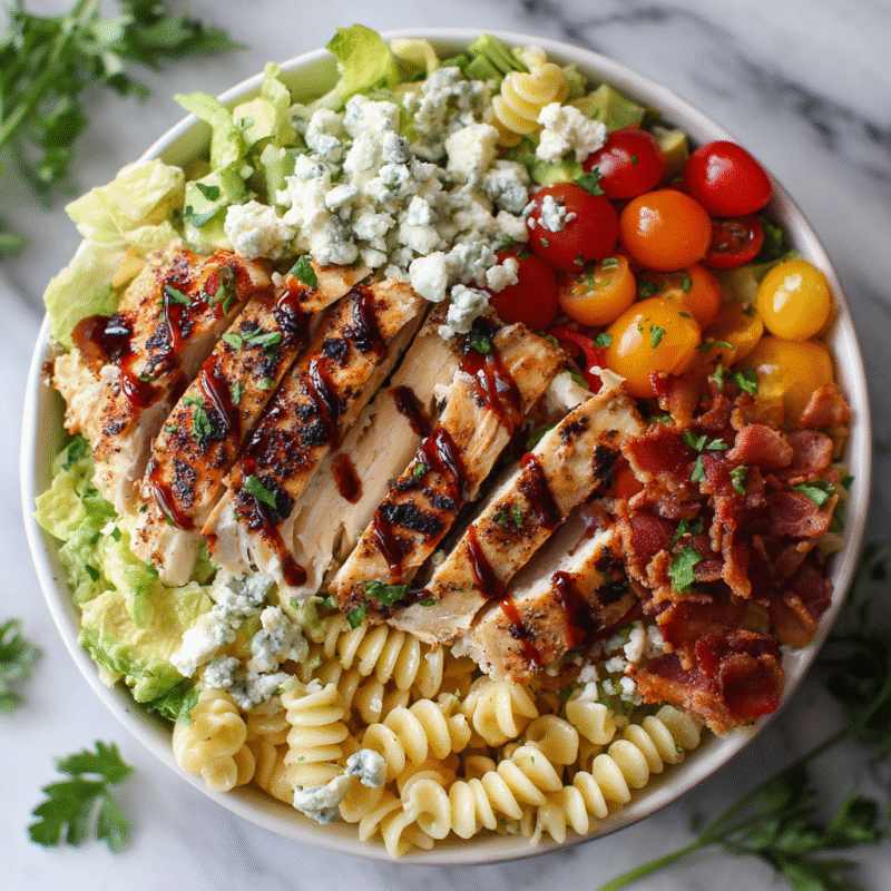 Balsamic Chicken Cobb Salad with Pasta served in a bowl, featuring grilled chicken, fresh veggies, and pasta, perfect for holiday meals.