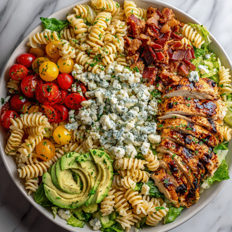 Balsamic Chicken Cobb Salad with Pasta served in a bowl, featuring grilled chicken, fresh veggies, and pasta, perfect for holiday meals.