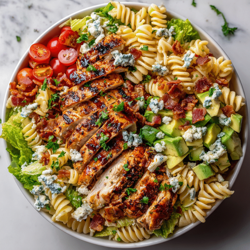 Balsamic Chicken Cobb Salad with Pasta served in a bowl, featuring grilled chicken, fresh veggies, and pasta, perfect for holiday meals.
