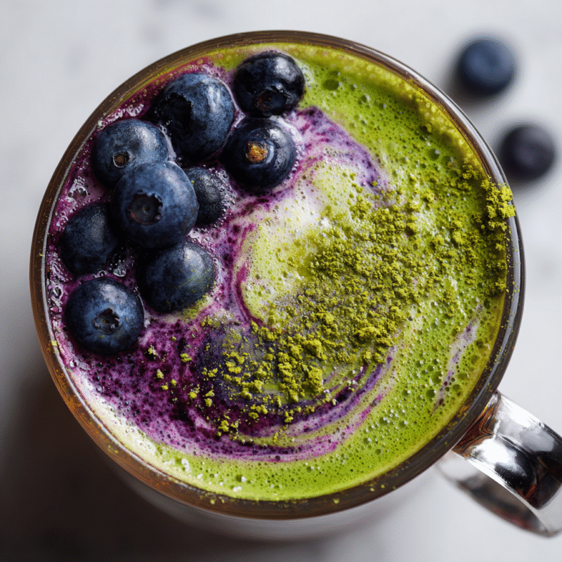 Blueberry Matcha Latte combining earthy matcha with sweet blueberries, ideal for cozy autumn afternoons and gatherings.