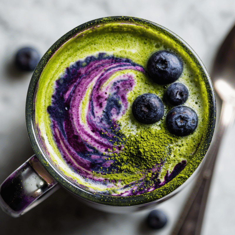 Blueberry Matcha Latte combining earthy matcha with sweet blueberries, ideal for cozy autumn afternoons and gatherings.