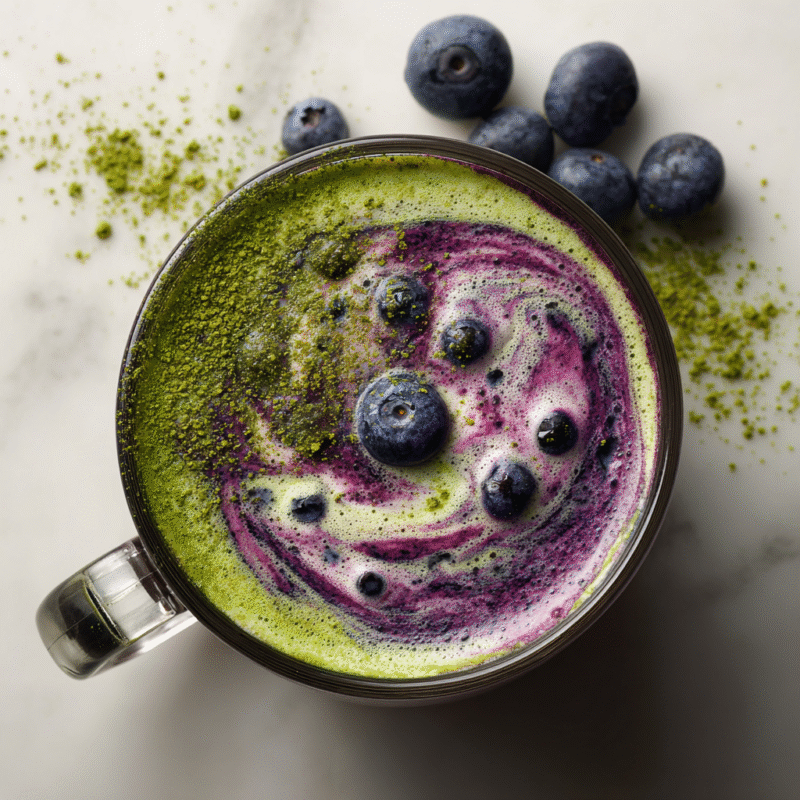 Blueberry Matcha Latte combining earthy matcha with sweet blueberries, ideal for cozy autumn afternoons and gatherings.