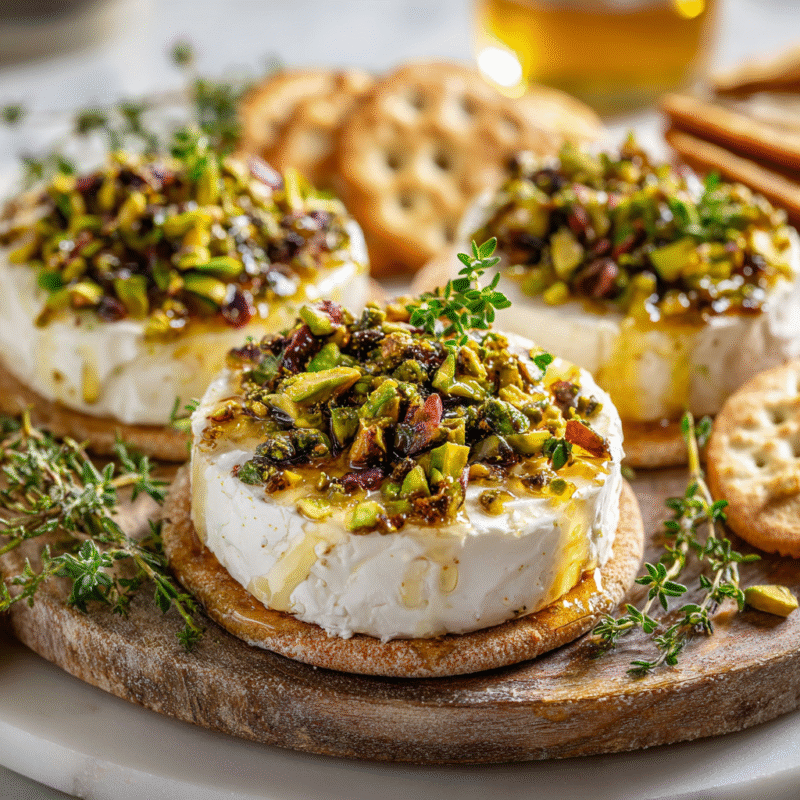 Boursin cheese appetizer topped with pistachios and honey, garnished with fresh herbs, perfect for festive gatherings