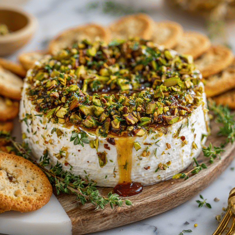 Boursin cheese appetizer topped with pistachios and honey, garnished with fresh herbs, perfect for festive gatherings