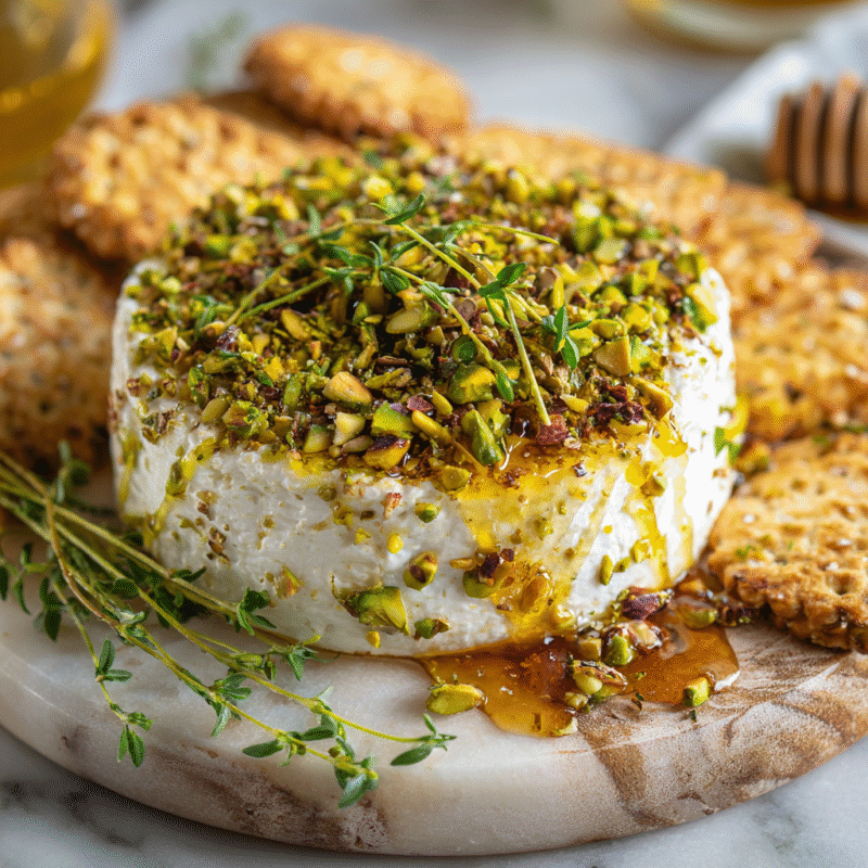 Boursin cheese appetizer topped with pistachios and honey, garnished with fresh herbs, perfect for festive gatherings