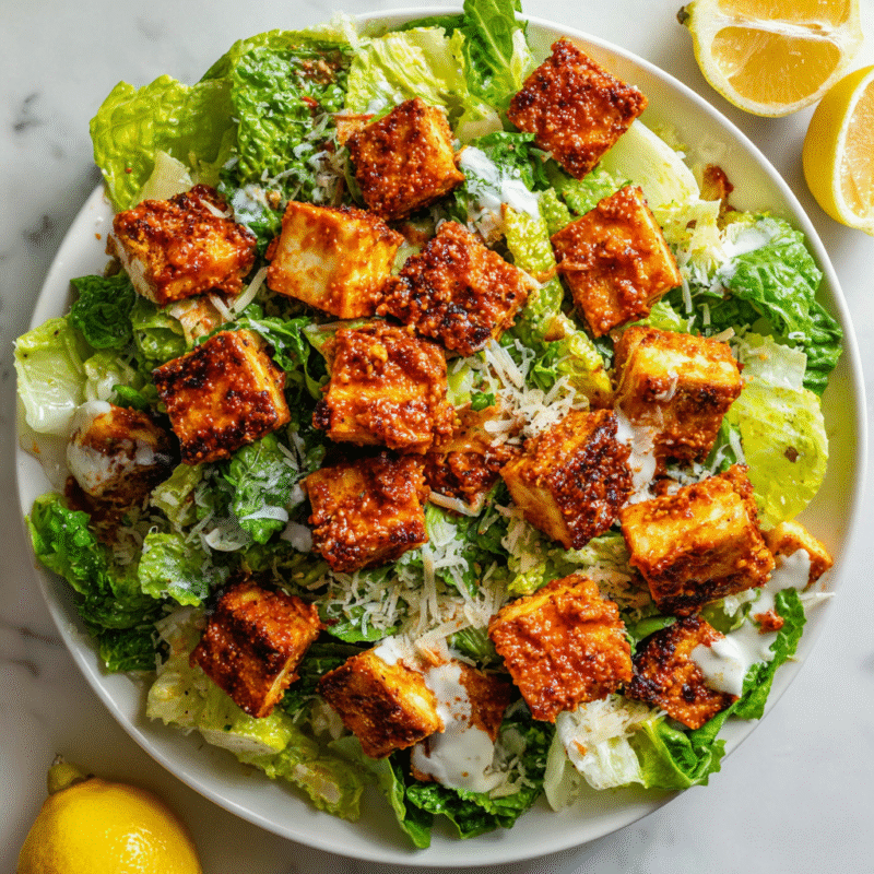 Crispy Buffalo Tofu served on a refreshing Caesar salad with lemon wedges, ideal for festive gatherings and plant-based meals.