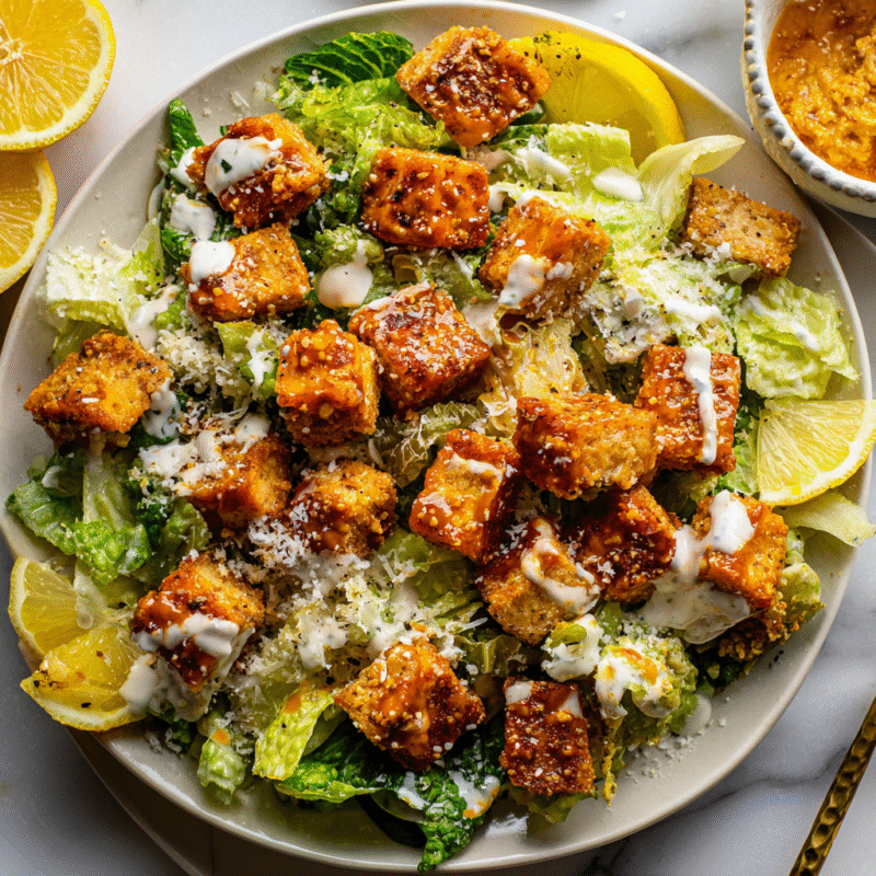 Crispy Buffalo Tofu served on a refreshing Caesar salad with lemon wedges, ideal for festive gatherings and plant-based meals.