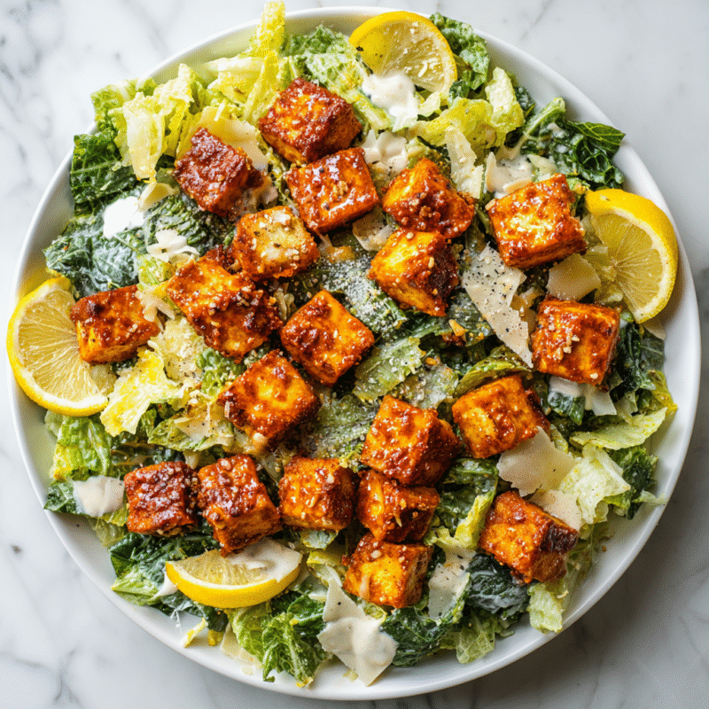 Crispy Buffalo Tofu served on a refreshing Caesar salad with lemon wedges, ideal for festive gatherings and plant-based meals.