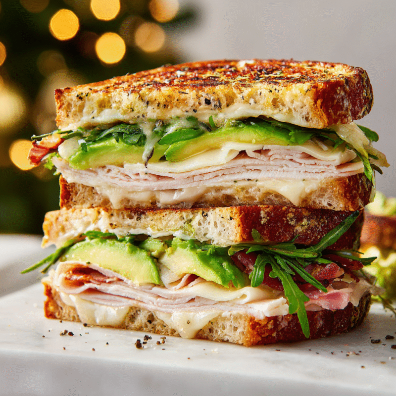 Delicious Bella Hadid holiday sandwich with turkey, bacon, and cheese grilled to perfection.