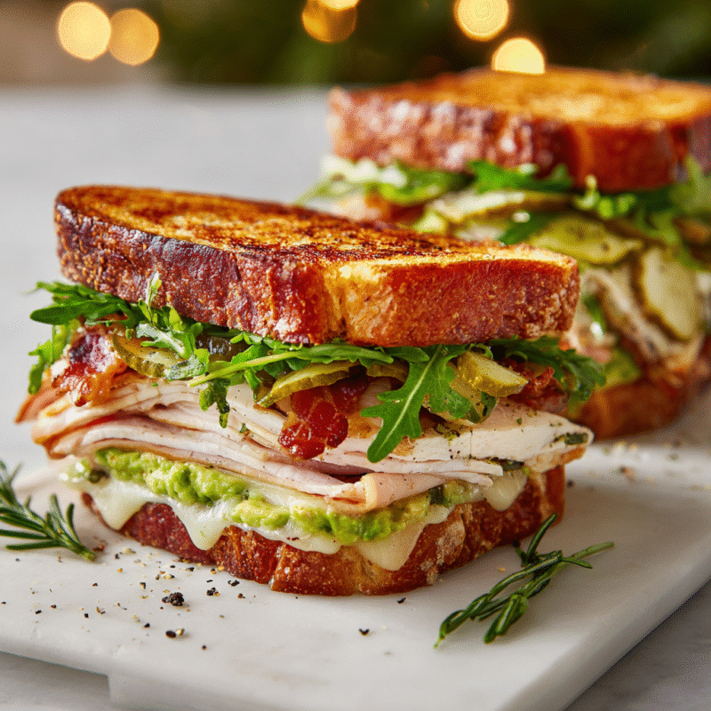 Delicious Bella Hadid holiday sandwich with turkey, bacon, and cheese grilled to perfection.