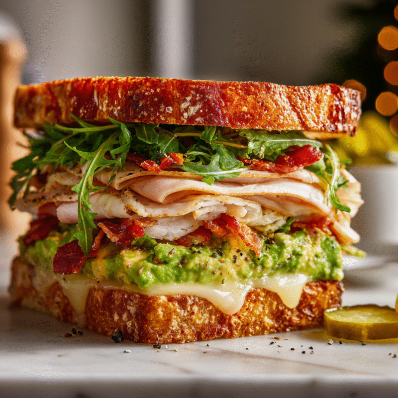 Delicious Bella Hadid holiday sandwich with turkey, bacon, and cheese grilled to perfection.
