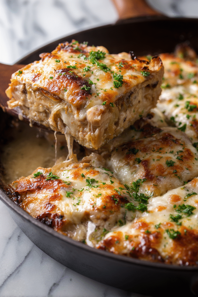 Delicious French Onion Chicken Casserole, perfect for cozy family dinners during the holidays.
