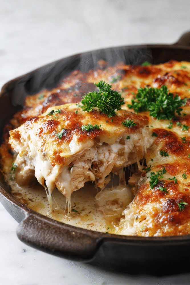 Delicious French Onion Chicken Casserole, perfect for cozy family dinners during the holidays.