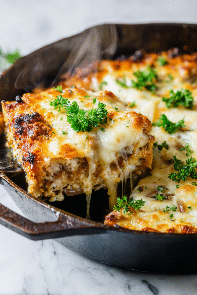 Delicious French Onion Chicken Casserole, perfect for cozy family dinners during the holidays.