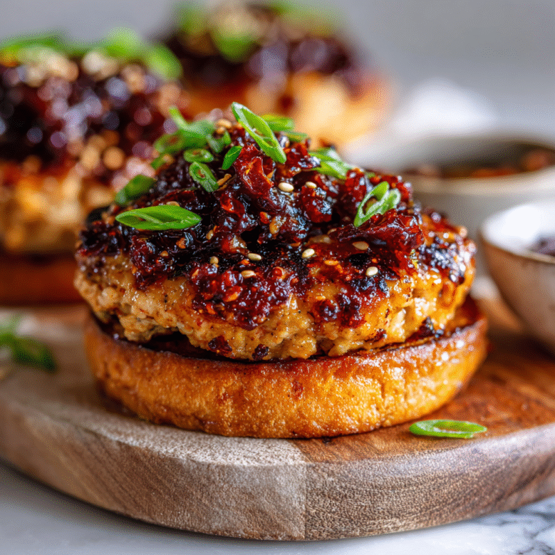 Delicious Gochujang Chicken Burgers with Kimchi Bacon Jam on a plate, showcasing fusion flavors perfect for holiday gatherings.