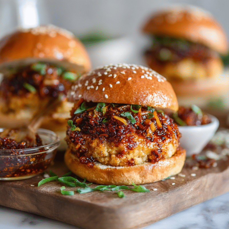 Delicious Gochujang Chicken Burgers with Kimchi Bacon Jam on a plate, showcasing fusion flavors perfect for holiday gatherings.