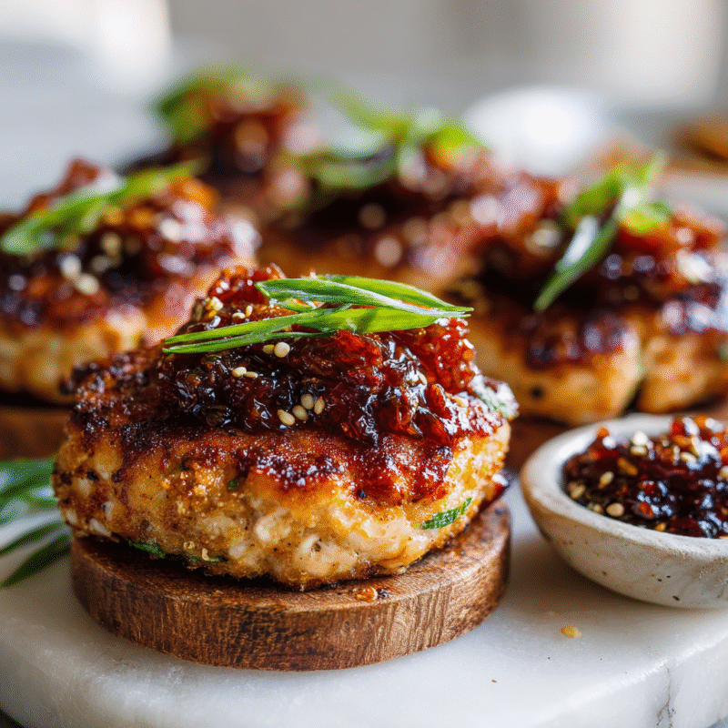 Delicious Gochujang Chicken Burgers with Kimchi Bacon Jam on a plate, showcasing fusion flavors perfect for holiday gatherings.