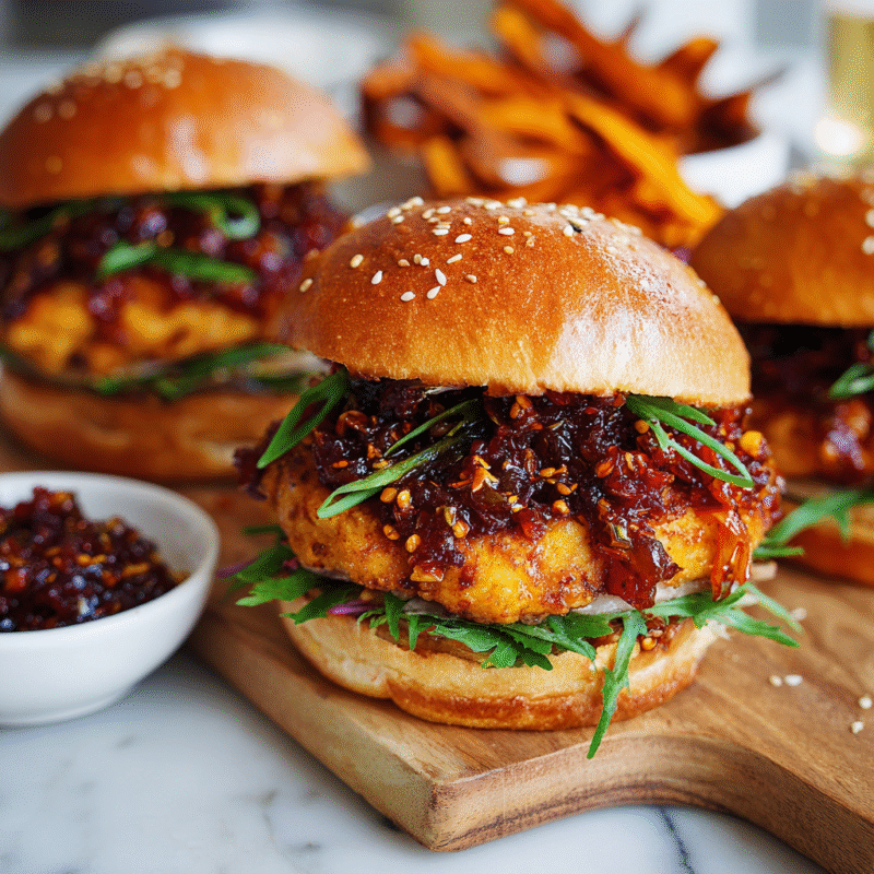 Delicious Gochujang Chicken Burgers with Kimchi Bacon Jam on a plate, showcasing fusion flavors perfect for holiday gatherings.