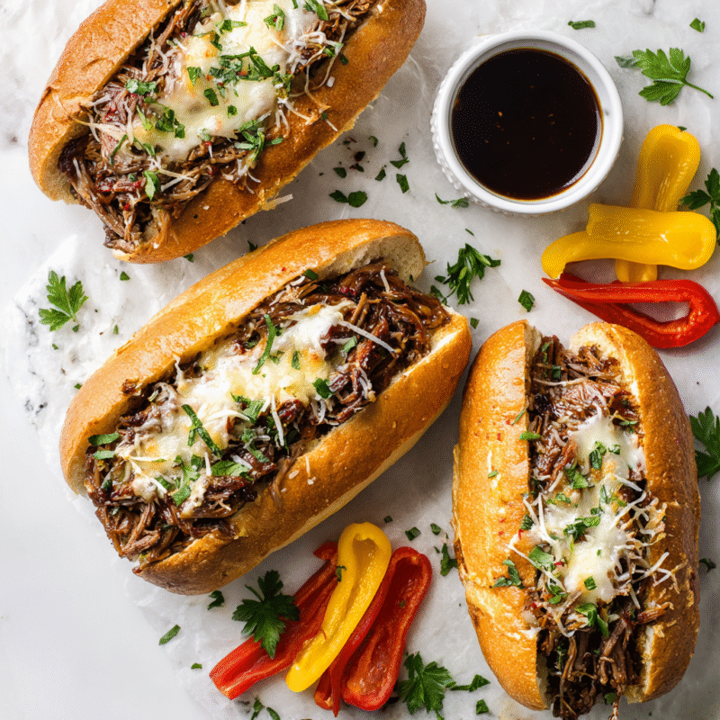 Delicious Instant Pot Italian Beef Sandwiches served on hoagie rolls with melted cheese, perfect for gatherings. Quick, hearty comfort food.