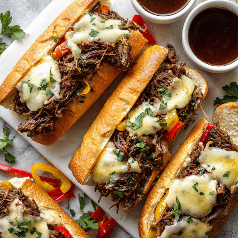 Delicious Instant Pot Italian Beef Sandwiches served on hoagie rolls with melted cheese, perfect for gatherings. Quick, hearty comfort food.