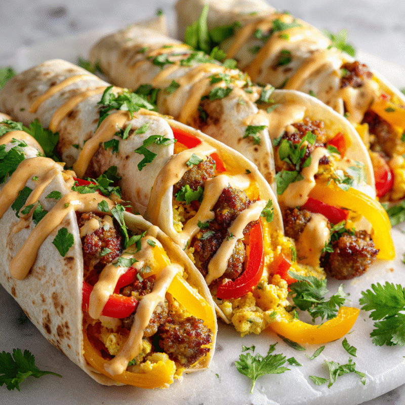 Delicious Sheet Pan Breakfast Burritos with Creamy Chipotle Sauce, perfect for festive mornings and easy holiday gatherings.