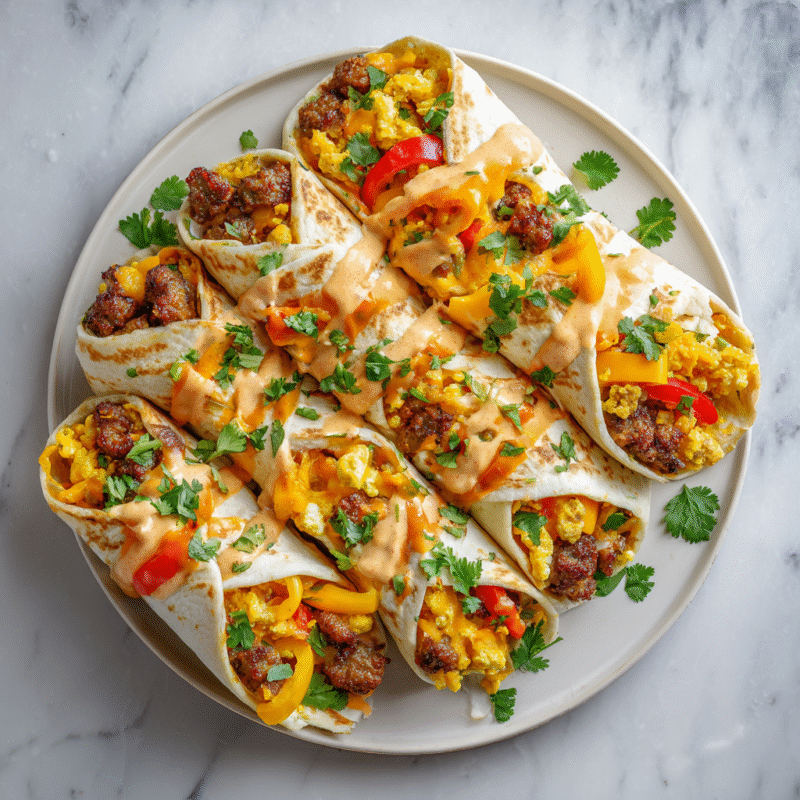 Delicious Sheet Pan Breakfast Burritos with Creamy Chipotle Sauce, perfect for festive mornings and easy holiday gatherings.