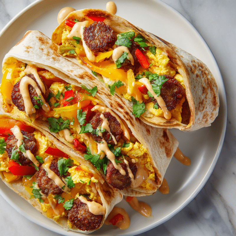 Delicious Sheet Pan Breakfast Burritos with Creamy Chipotle Sauce, perfect for festive mornings and easy holiday gatherings.