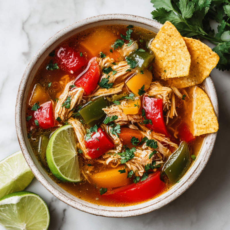 Delicious Slow Cooker Chicken Fajita Soup with vibrant bell peppers, chicken, tomatoes, and spice, perfect for cold evenings.