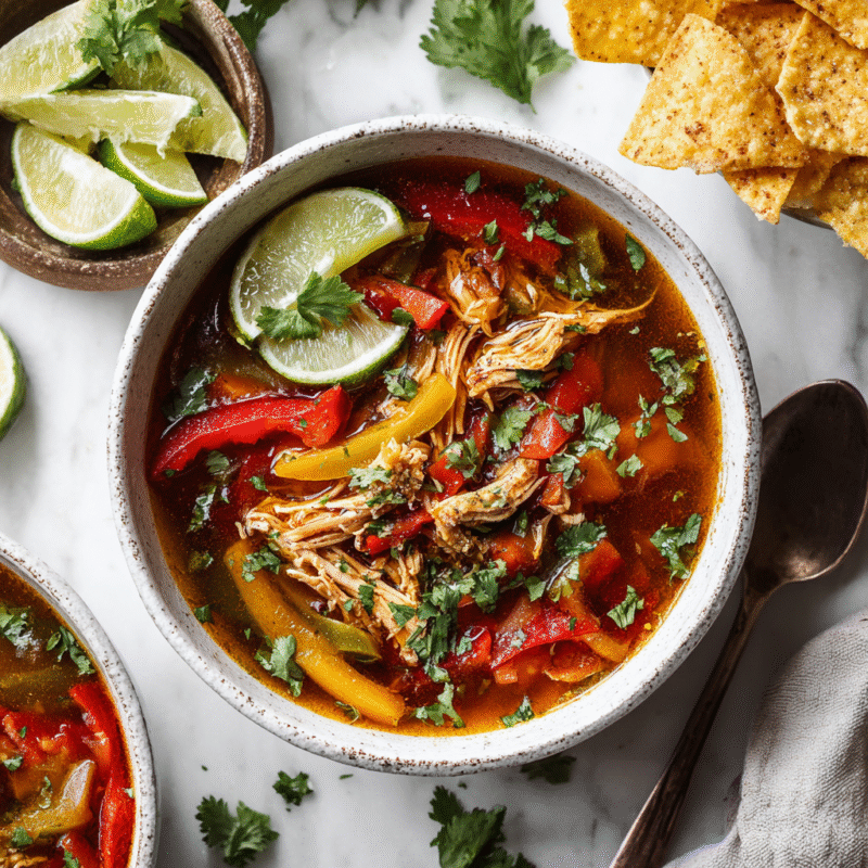Delicious Slow Cooker Chicken Fajita Soup with vibrant bell peppers, chicken, tomatoes, and spice, perfect for cold evenings.