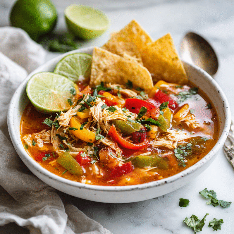 Delicious Slow Cooker Chicken Fajita Soup with vibrant bell peppers, chicken, tomatoes, and spice, perfect for cold evenings.