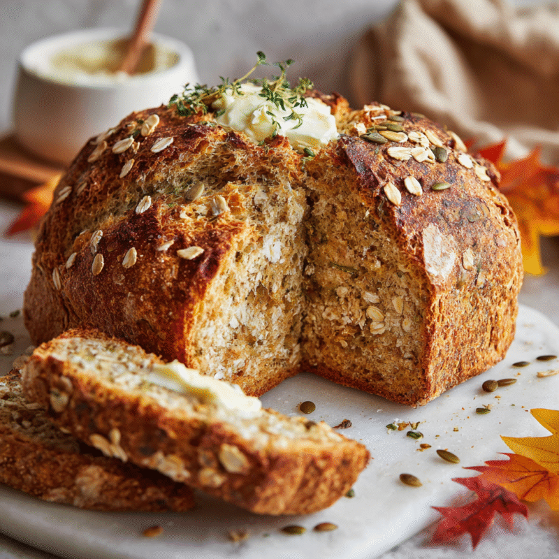Delicious crusty no-knead seeded oat bread perfect for autumn gatherings, filled with wholesome seeds for added flavor and nutrition.
