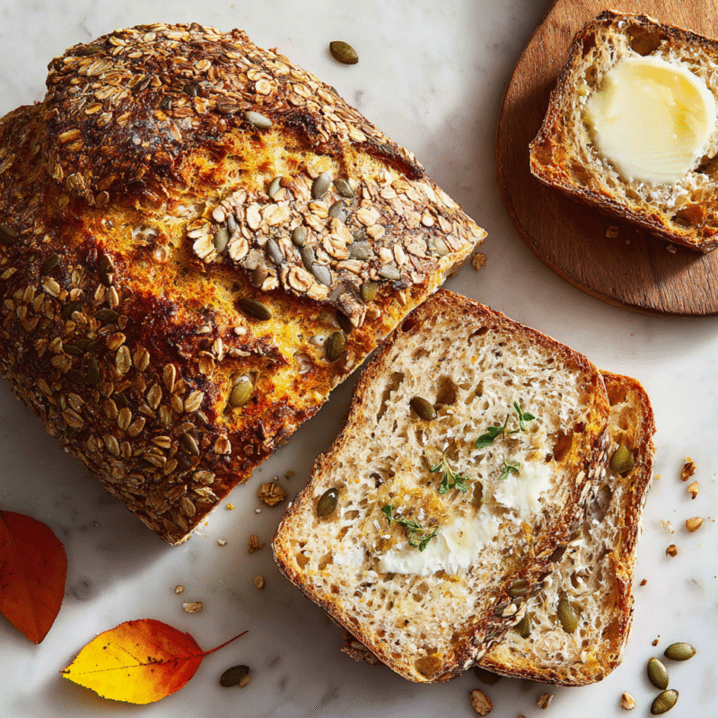 Delicious crusty no-knead seeded oat bread perfect for autumn gatherings, filled with wholesome seeds for added flavor and nutrition.