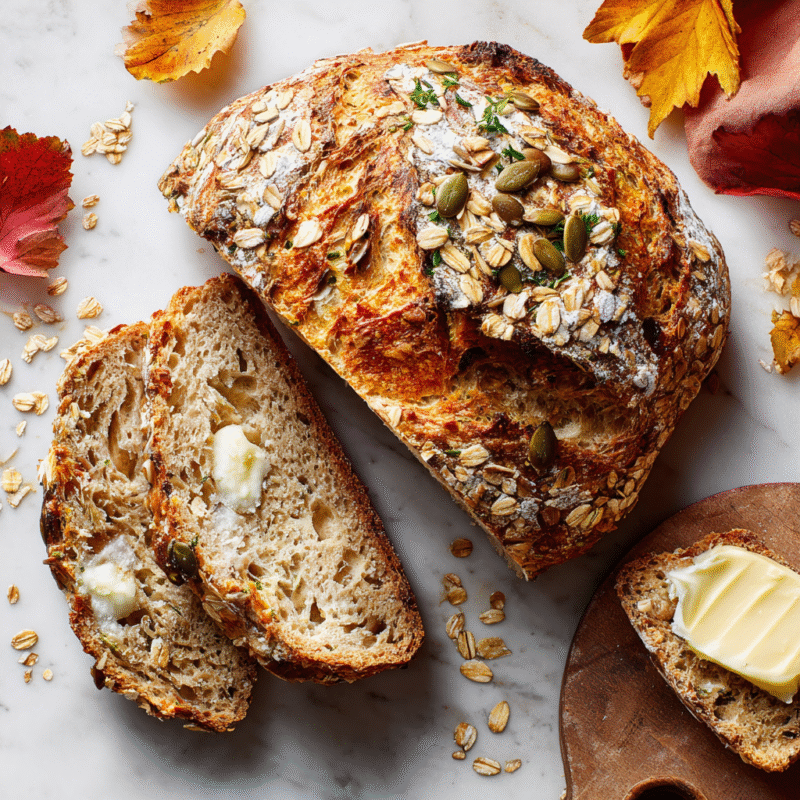 Delicious crusty no-knead seeded oat bread perfect for autumn gatherings, filled with wholesome seeds for added flavor and nutrition.